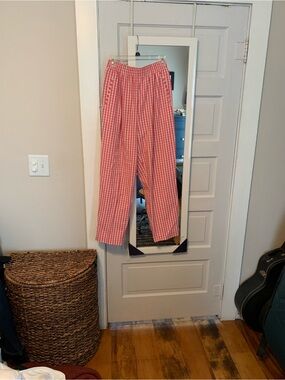 Vintage Women's Pink Gingham Elastic High Waisted Trousers